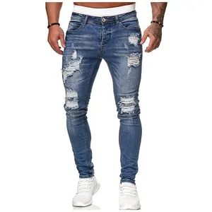 Calça jeans skinny para homens, calça jeans azul destruída com stretch