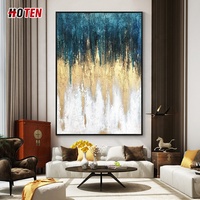 Peinture à l'huile abstraite moderne or et bleu sur toile peinte à la main décoration de la maison avec des peintures de paysage de dorure en feuille d'or