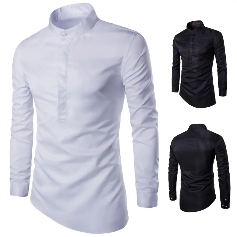 custom men's designer men casual formal shirts half button loose white black stand collar long sleeve shirt kemeja pria for men