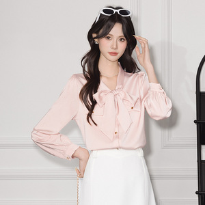 Pink Women's <b>Blouse</b> Long Sleeve Bow Front Acetate <b>Satin</b> Top Everyday Wear - Product Image 3