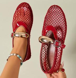 Women's Summer Flat Ballet <b>Shoes</b> with Fish Mesh Design Slip-On Closure Fashionable Buckle <b>Soft</b> Doll Feature Rubber Insole - Product Image 6