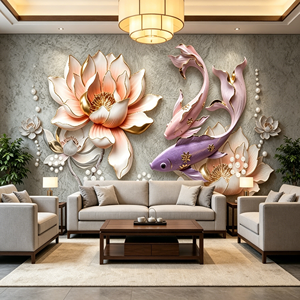 <span class=keywords><strong>Papier</strong></span> <span class=keywords><strong>peint</strong></span> mural 3D de luxe personnalisé avec photo, motif Lotus Poisson en relief stéréo, grande <span class=keywords><strong>peinture</strong></span> murale moderne pour salon, autocollant mural à décoller et à coller - Product Image 1