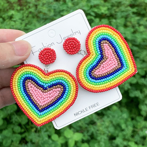 Tissé mode à la mode coeur arc-en-ciel Patchwork boucles d'oreilles perles de riz pendentif coeur arc-en-ciel Patchwork Design coeur bijoux - Product Image 1