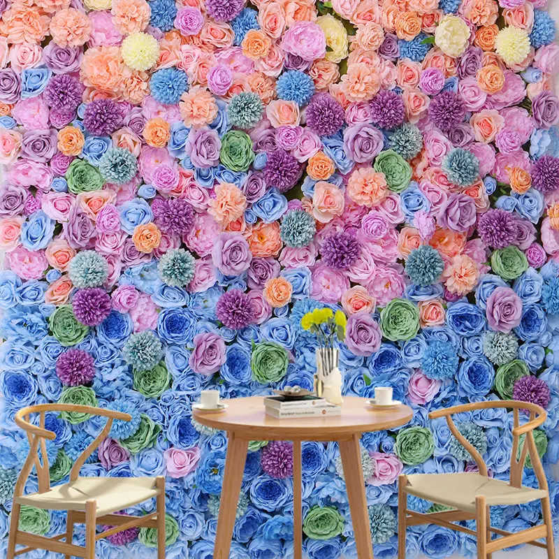 Wholesale Custom faux panel Blue Silk Rose wedding decoration floral wallboard background