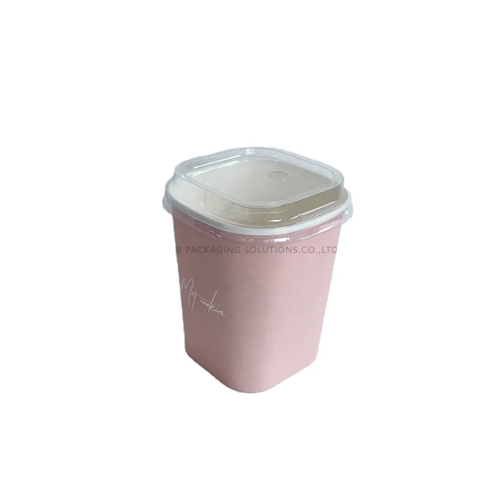 Copo de papel quadrado com logotipo personalizado 680ml, copo de papel rosa com tampa quadrada de plástico transparente para sorvete de milkshake e smoothie