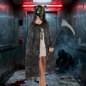 YUIQPKJX Grim Reaper Costume Black Tattered Cape With Hood Gothic Goat Mask Halloween Robe For Adults Unisex - Product Image 6