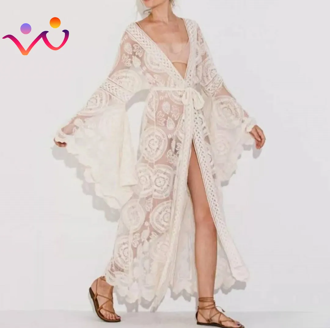 Zomerzon Geborduurde Mesh Cover-Ups Beuglijn Kimono Witte Tuniek Kaftan Vakantie Lange Boho Badmode Tops Strand Cover Up