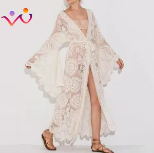 Yaz güneş işlemeli örgü kapak-ups Longline Kimono beyaz tunik Kaftan tatil uzun Boho mayo plaj kapak Up Tops