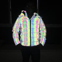 Manteau d'hiver matelassé coupe-vent à capuche avec logo avant en polyester/coton, épais et chaud, pour hommes et femmes, réfléchissant et lumineux, collection 2025