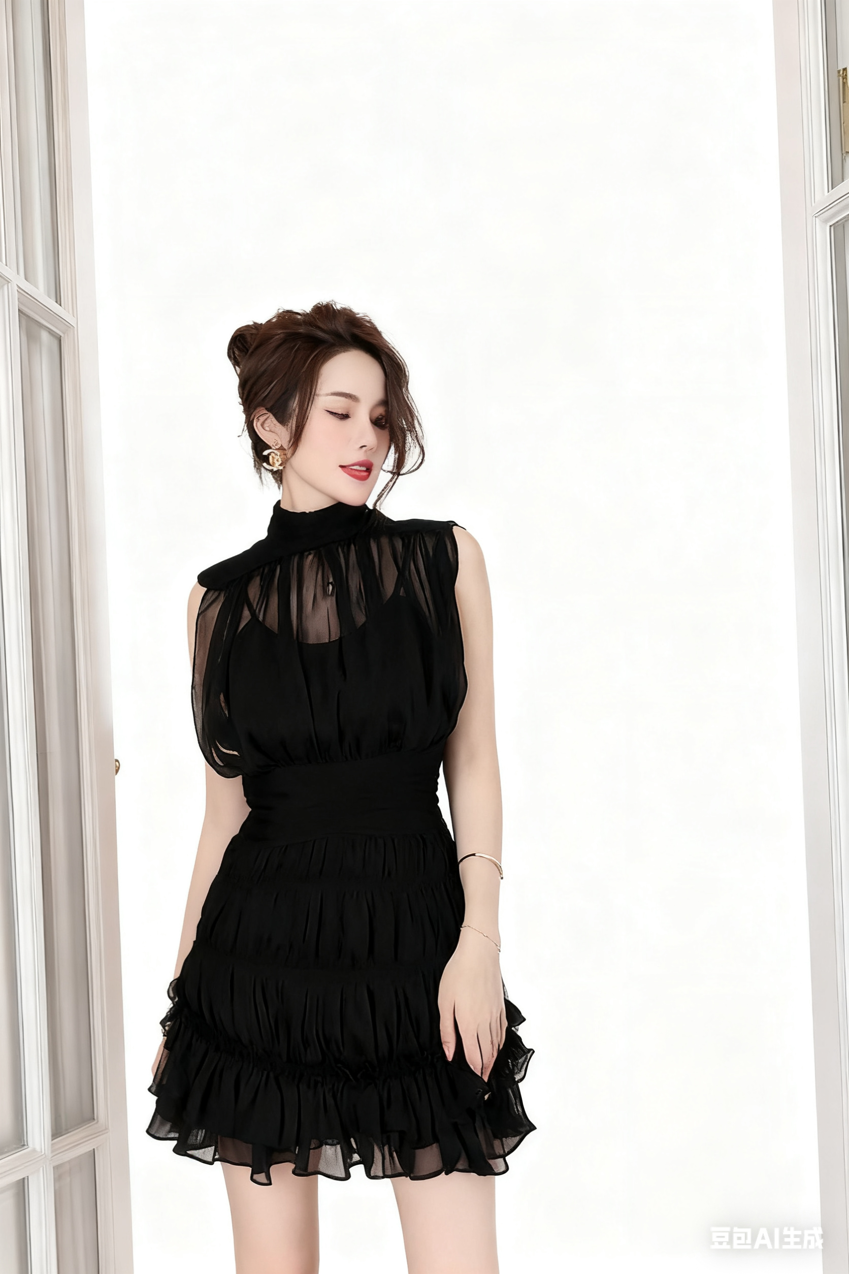 High Quality Black Chiffon Dresses Casual Mini-Length Ruffle Sleeveless  Sheer Mesh Layered Pleated Neckline Natural| Alibaba.com