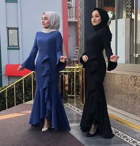 Vestido sexy de cor sólida com babados, vestido longo de cor sólida de dubai, roupas islâmicas de luxo, estilo abaya, 2021