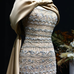 ชุดราตรีงานพรอมสำหรับผู้หญิง ปี 2024 รุ่น LSZ238B ประดับเลื่อมแบบไม่สมมาตร ลูกปัด ขนนก 3 มิติ จับจีบ ยาวกรอมพื้น สีลูกกวาด - Product Image 6