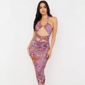 Zomer Mode Nieuwe Dame Chiffon Afdrukken Sexy Elegance Bandage Maxi Jurk Vrouwen Fairy See Through Hollow Mouwloze Boho Jurken