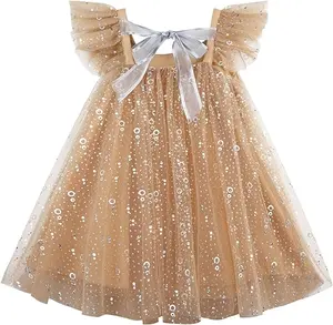 Wholesale Manufacture Custom Short Sleeve Cute Bow Shining Dots Frocks Design Tulle Dress