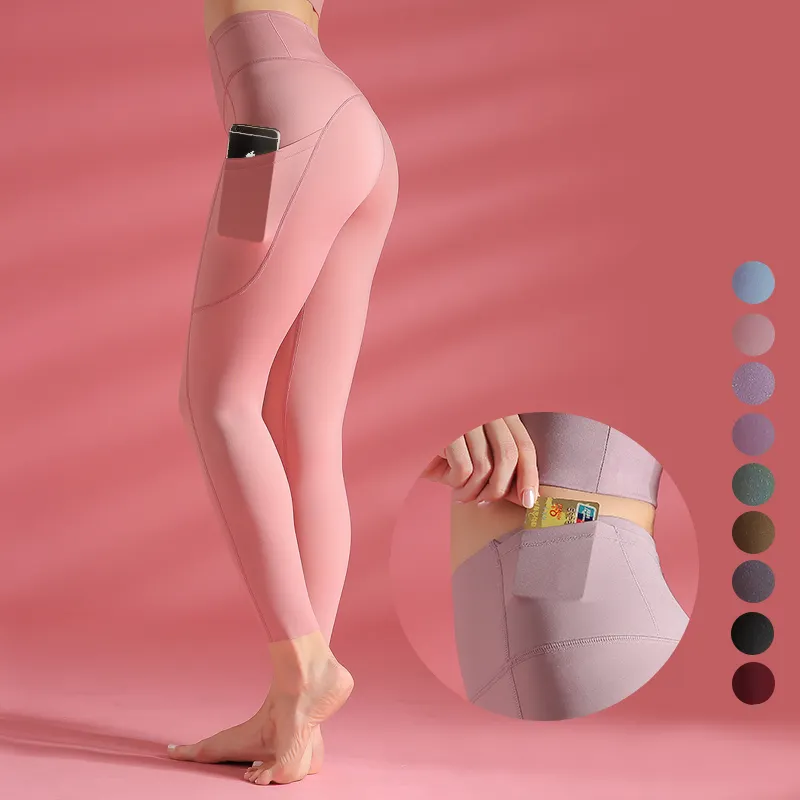 Celana Olahraga Wanita, Celana Ketat Nyaman Bernafas Pinggang Tinggi Kompresi Yoga dengan Saku Warna Polos