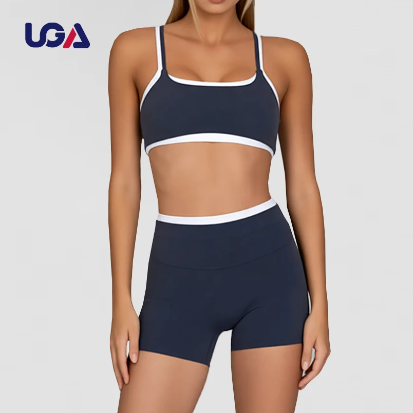Color Blocking Custom Color High Waist Workout Set Fitness Women Double Layer Sports Bra Gym Leggings Striped Shorts Yoga Set