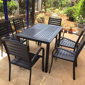 Conjunto de jardín al aire libre moderno superventas, muebles de Metal al por mayor de fábrica, mesas de madera impermeables plegables, sillas para restaurante - Product Image 1