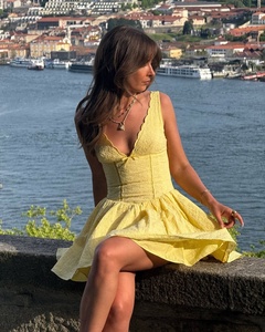 Vestido de Playa Chic, Vestido Corto con Cuello en V de Encaje, Vestido Mini Sexy sin Espalda, Bordado Calado <span class=keywords><strong>Amarillo</strong></span> - Product Image 5
