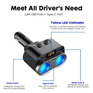150W Charge Type <span class=keywords><strong>C</strong></span> <span class=keywords><strong>USB</strong></span> <span class=keywords><strong>3</strong></span>.0 Adaptateur de chargeur rapide Adaptateur allume-cigare pour voiture avec 2 prises Séparateur allume-cigare pour voiture - Product Image 2