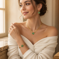 Ensemble collier, bracelet et boucles d'oreilles en acier inoxydable plaqué or 18 carats, trèfle à quatre feuilles vert CZ, hypoallergénique, résistant au ternissement, vente en gros