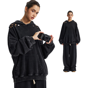 Men's Wide Leg Distressed Long Pants and Hoodie <b>Set</b> Black 400gsm Heavyweight Streetwear Boys Baggy Washed <b>Sweatpants</b> <b>Set</b> - Product Image 3