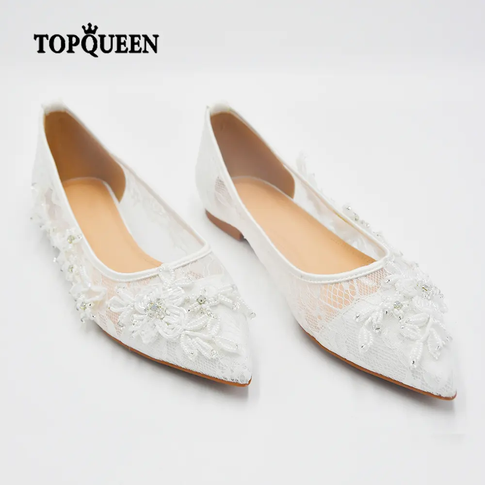 YouLaPan A40 Luxury Ladies Wedding Shoes White Beaded Lace Trim Mesh Sheer Summer Sandals Wedding Party Dress Flats