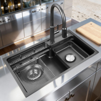 Grand évier de cuisine carré en acier inoxydable 304 moderne 680x480mm épaisseur 4mm Nano fait main multifonctionnel avec accessoires