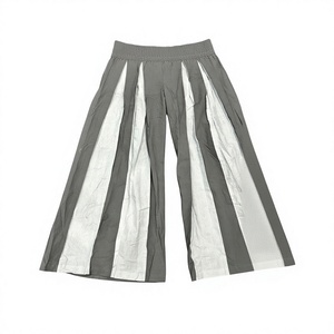 Grey <b>White</b> Casual Woven Color-Block Panelled Palazzo <b>Trousers</b> High <b>Elastic</b> <b>Waist</b> Breathable Eco-Friendly Wide-Leg - Product Image 3