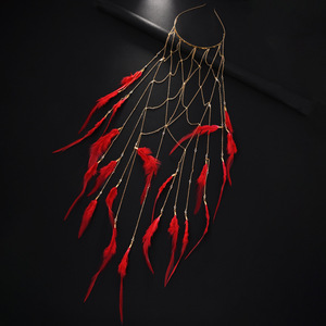 <span class=keywords><strong>Coiffe</strong></span> <span class=keywords><strong>indienne</strong></span> à plumes longues réglables Gypsy Hippie casque avec accessoires de cheveux de mariage rouge bandeau à plumes de Style de mode - Product Image 5