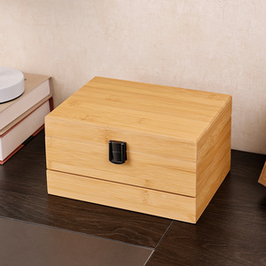 Boîte <span class=keywords><strong>à</strong></span> <span class=keywords><strong>bijoux</strong></span> rectangulaire en bambou, motif uni, trois couches, ouverte, <span class=keywords><strong>avec</strong></span> <span class=keywords><strong>miroir</strong></span> <span class=keywords><strong>intégré</strong></span> et rangement - Product Image 1