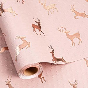 Papier cadeau de Noël rose or avec motif renne, 17 po x 32,8 pi, écologique, revêtement simple face - Product Image 1