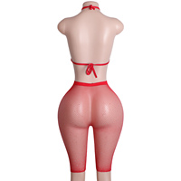 Lingerie sexy en diamant strass Ensemble résille Culotte deux pièces Costume de club à bretelles réglables pour femmes Vêtements érotiques de performance