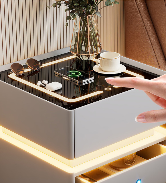 Smart Wireless Charging Nightstand With Fingerprint Lock Bluetooth Speaker LED Light Drawer Storage Bedside Table
