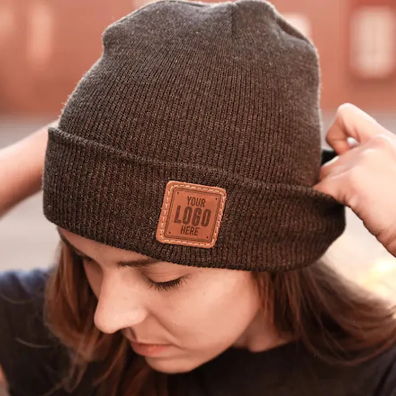 Custom Beanie Patch Hat | Leather Patch Winter Beanie ADD YOUR LOGO Company Employee Hats