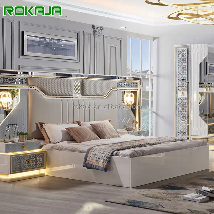 Luxus Holz Schlafzimmer Kombination gespiegelte Königin gepolsterte Bett Set Villa Hotel High-End Custom Möbel Set