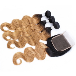 1B 27 for Honey Blonde Indian Remy Human Hair 3/4 <b>Bundles</b> with Lace Closure Hair Weaving No Shedding - Product Image 1