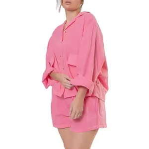 Conjunto de pijama de alta calidad para mujer, ropa de dormir de gasa 100% de algodón con cuello vuelto liso, conjunto corto de dos piezas