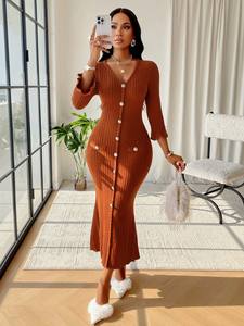 Abito da donna Sexy con scollo a V a maniche svasate abbottonatura <span class=keywords><strong>in</strong></span> <span class=keywords><strong>maglia</strong></span> abito sottile elegante maglione lungo taglia libera - Product Image 3