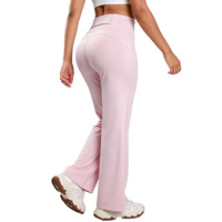 Pantalon de yoga taille haute couleur pêche uni avec poches arrière, coupe droite ample, design amincissant et rehausseur de silhouette