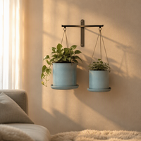 Vases décoratifs en céramique Art Déco bleu poussière mat cylindriques avec trous de drainage et soucoupes