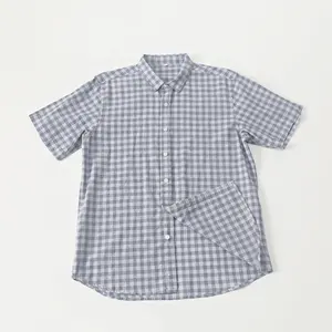 Top quality new Plain Plaid 100% linen button down casual short sleeve shirt Single Breasted Comfortable Yarn Dyed Uniform Men