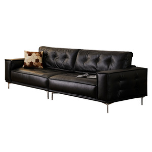 Mid-century French Retro Waxed Top Grain Leather Straight <b>Sofa</b> in <b>Black</b> for Small Living Room - Product Image 5