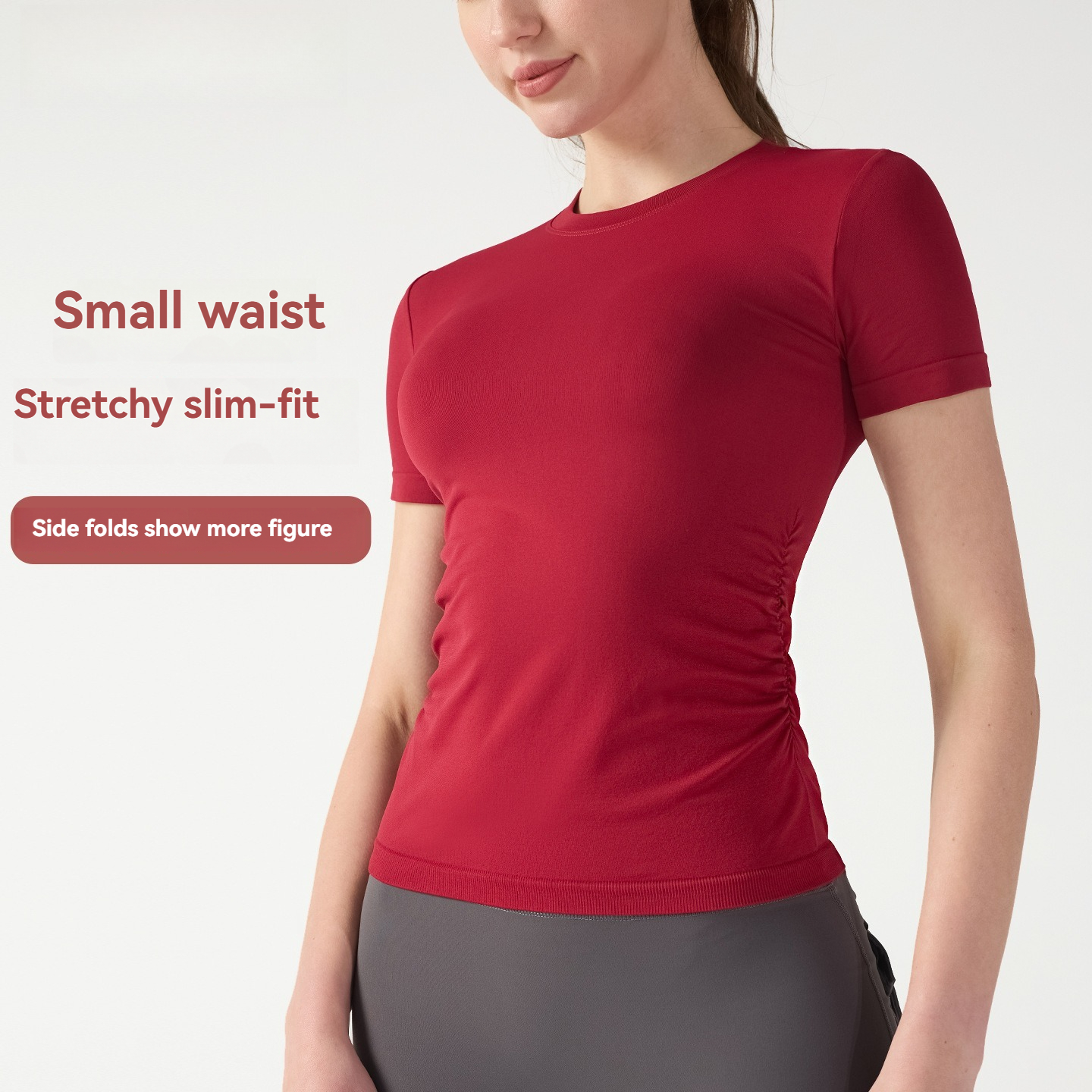 Women's Quick-drying Sport Short-sleeved T-shirt with Waist Pleats Slimming Design Yoga Top for Running Yoga Summer Practice