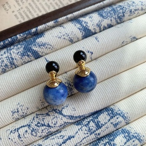 Pendientes Elegantes Retro Simples con Doble Cuentas para Mujer, Azules, Exquisitos, con Bola de Lapislázuli, Plata S925, Estilo Francés, Oro Fino - Product Image 3