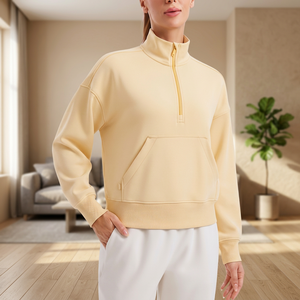 Sweat-shirt demi-zippé jaune clair pour femme, col montant, manches régulières, tricoté, couleur unie, respirant, pour l'automne - Product Image 1