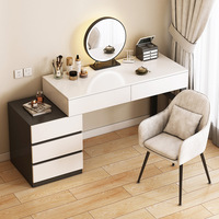 Coiffeuse moderne avec miroir lumineux ondulé et tabouret rond, bureau de maquillage avec tiroirs pour chambre à coucher, meuble