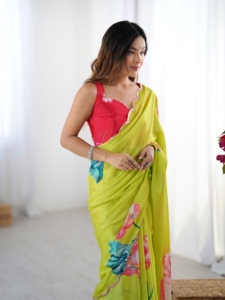<b>Yellow</b> Heavy Chinnon <b>Saree</b> with Mirror Work for Women Party Wear Traditional Indian Quick Dry All Seasons - Product Image 2