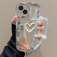 Coque de téléphone portable en TPU avec miroir en forme de cœur en perles 3D, électroplaquée, pour iPhone 7 8 X Xr Xs 11 12 13 14 15 16 Pro Max