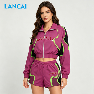 Lancai Custom Color Block <b>Track</b> <b>Jacket</b> and Shorts Outfits Fall Clothes for Women Street Wear Ladies Nylon Tracksuit 2 Piece Set - Product Image 3
