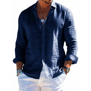 Nueva Camisa de Playa de Lino y Algodón para <span class=keywords><strong>Hombre</strong></span>, <span class=keywords><strong>Manga</strong></span> <span class=keywords><strong>Larga</strong></span>, Cuello Solapa, Color Sólido, Ropa de Vacaciones - Product Image 1